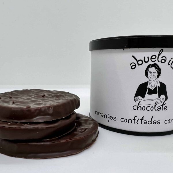 Lata de Naranjas Confitadas Bañadas en Chocolate Negro
