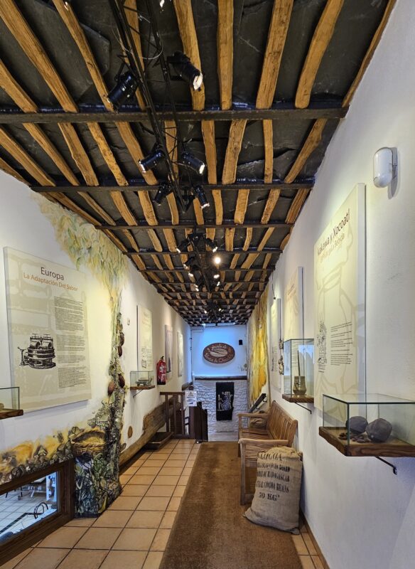 Vista del techo de vigas de madera y profundidad del recorrido del Museo del Chocolate Abuela Ili en Pampaneira.